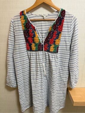 J.Crew Embroidered Peasant Tunic Top Medium Boho Striped Tassel